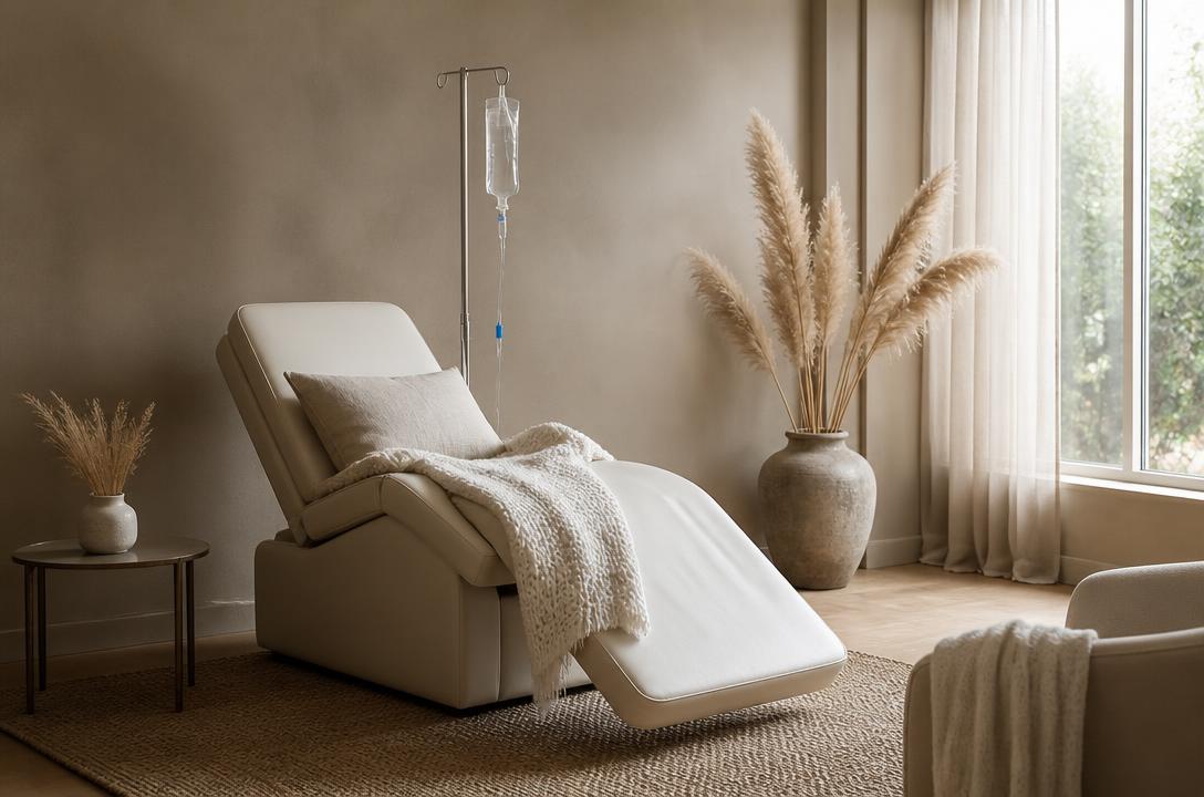 A softly lit ketamine treatment room with a reclining chair