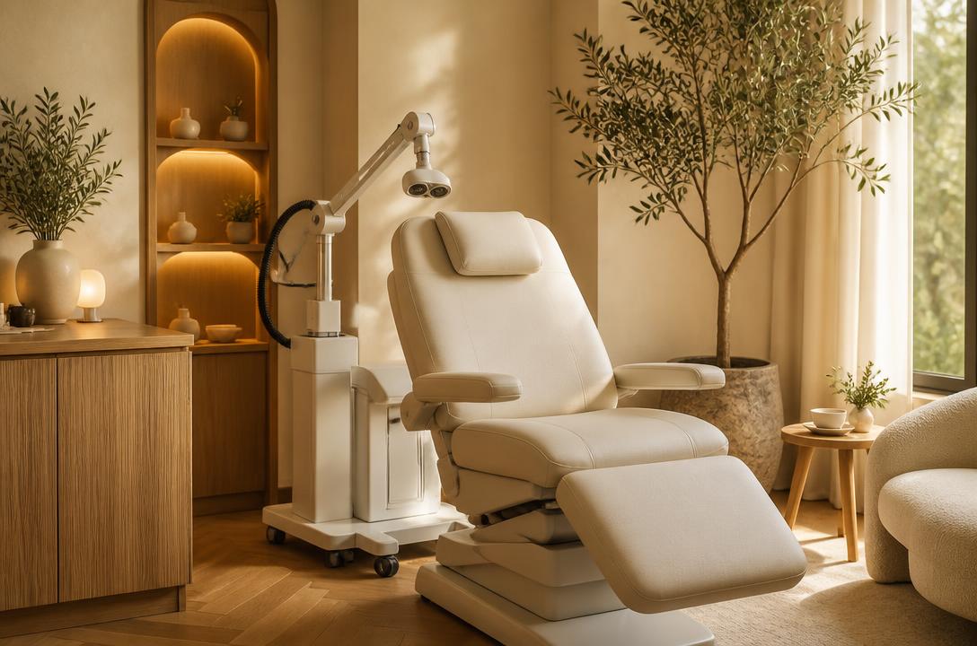 A TMS treatment chair beside a window in a calm clinic room